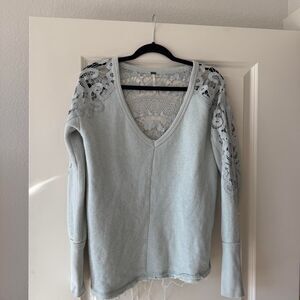 Free People Light Blue Teal Lace Back Sweater